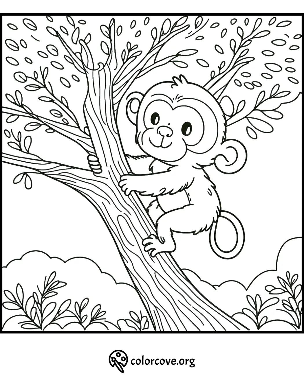 Coloring page of a cute monkey hugging a tree branch with leafy surroundings. Ideal for kids' animal-themed activities.