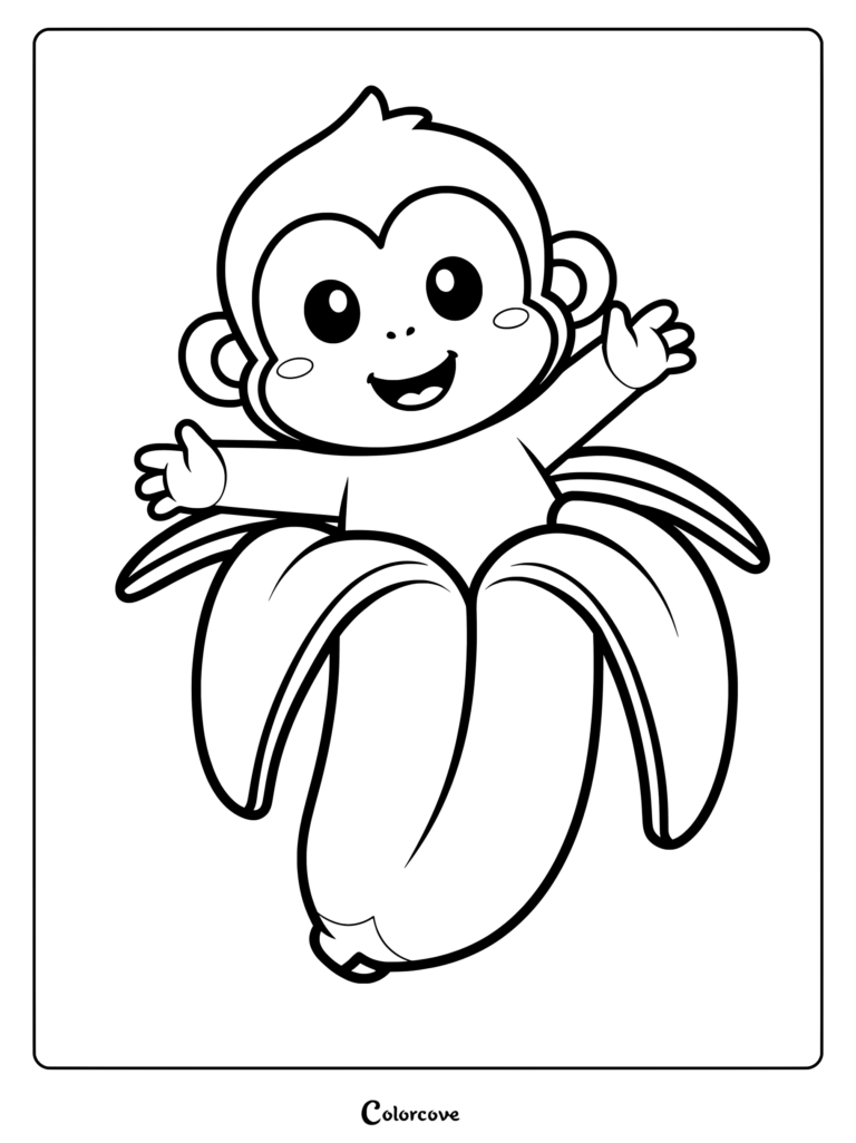 A happy baby monkey waving from inside a peeled banana coloring page with bold outlines.