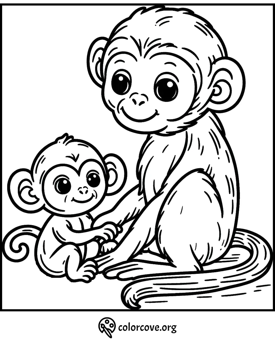 Coloring page of a cute mother monkey and baby monkey sitting together, perfect for kids’ educational activities.