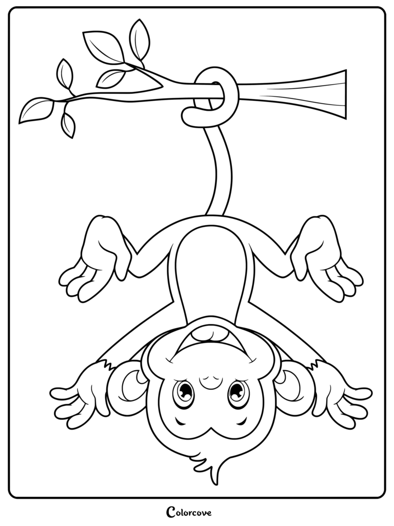 A happy monkey hanging upside down by its tail from a tree branch in this printable coloring page.