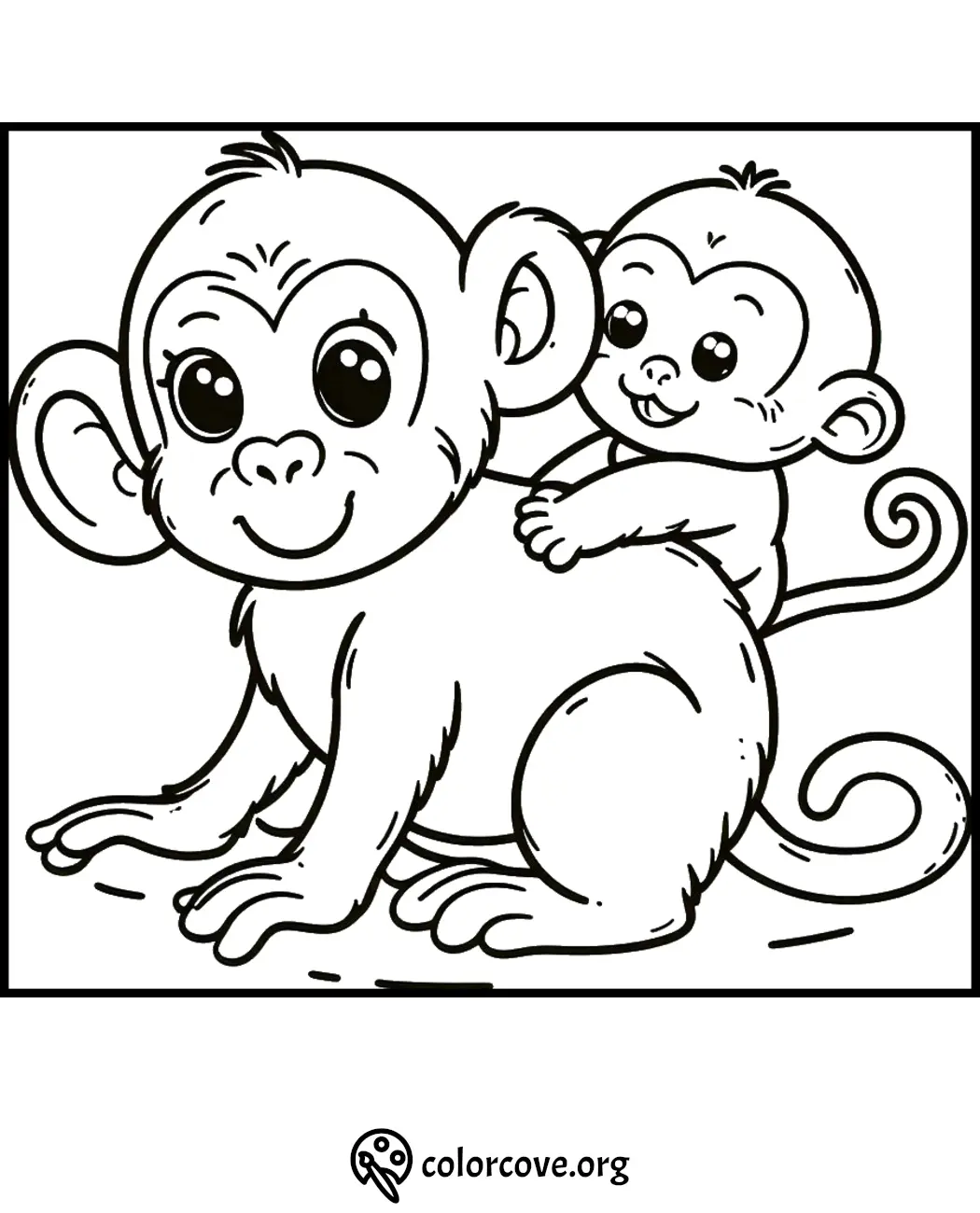 Coloring page of two adorable monkeys, one baby monkey riding on the back of an adult monkey.