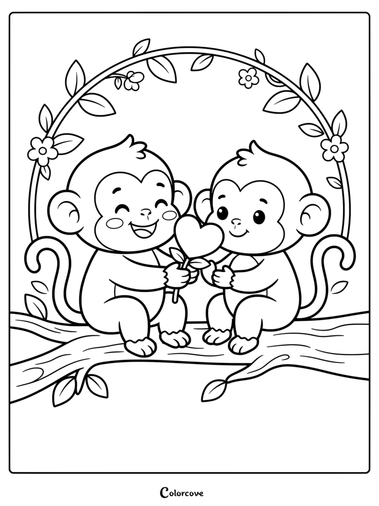 Two cute monkeys sitting on a tree branch holding a heart-shaped flower, coloring page style line art.