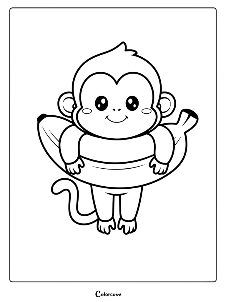 A cute monkey sitting inside a banana-shaped pool float in this printable coloring page.