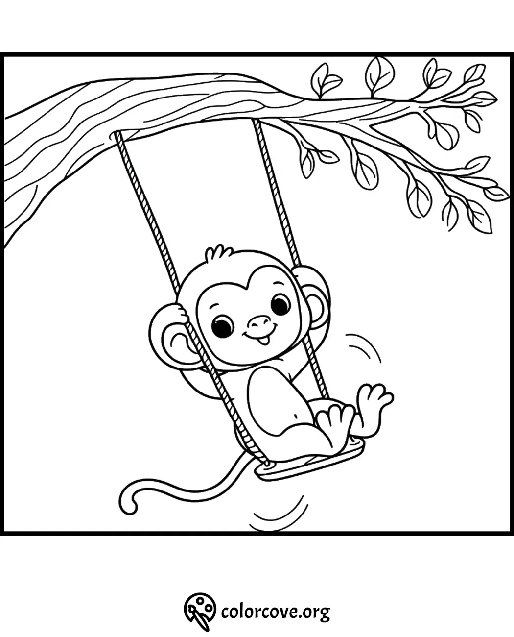 Cute monkey on a swing coloring page for kids, featuring a tree branch and leaves. Fun and educational activity.