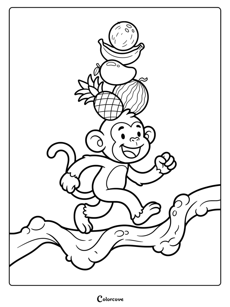 A happy monkey walking on a tree branch while balancing a stack of fruit including a pineapple, watermelon, mango, bananas, and coconut on its head in this coloring page.