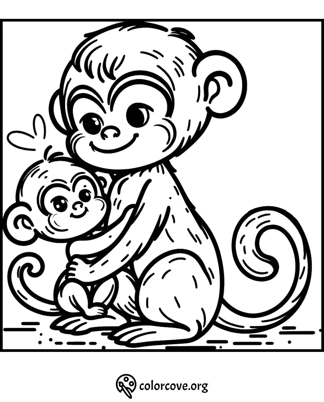 Coloring page of two monkeys hugging, perfect for kids and family fun. Download and print for free from colorcove.org.