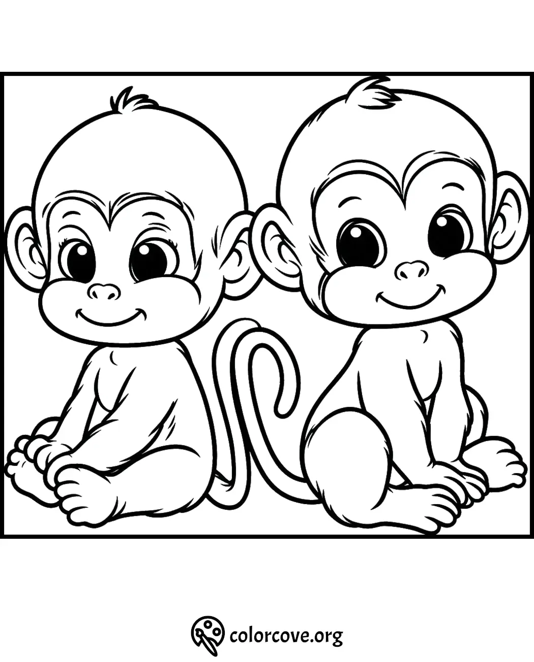 Cute twin baby monkeys coloring page with smiling faces and big eyes, perfect for kids' fun and educational activities.