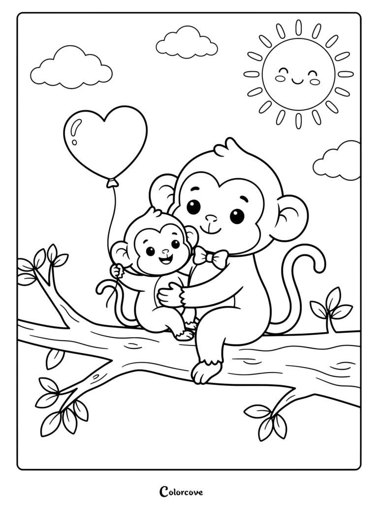 A cute monkey parent wearing a bowtie holding a baby monkey on a tree branch with a heart-shaped balloon in this printable coloring page.