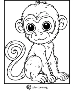 Cute baby monkey coloring page for kids from colorcove.org with large eyes and a curly tail. Printable animal illustration.