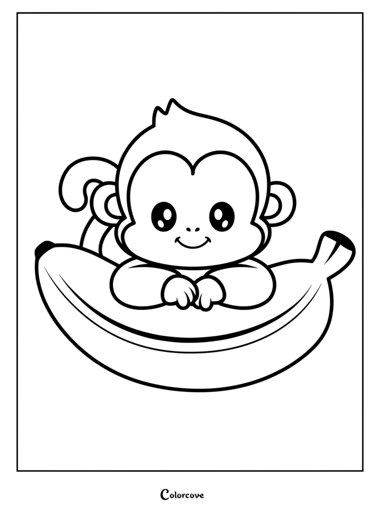 A cute cartoon monkey sitting inside a large banana in this simple coloring page.