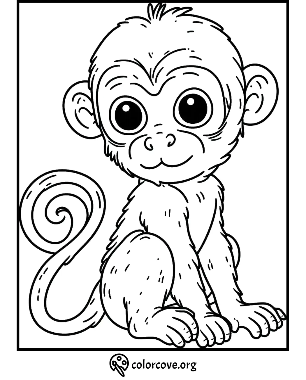 Cute baby monkey coloring page for kids from colorcove.org with large eyes and a curly tail. Printable animal illustration.