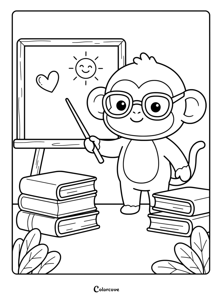 A cute monkey wearing glasses pointing at a whiteboard with a heart and sun drawing, surrounded by stacks of books in this printable coloring page.