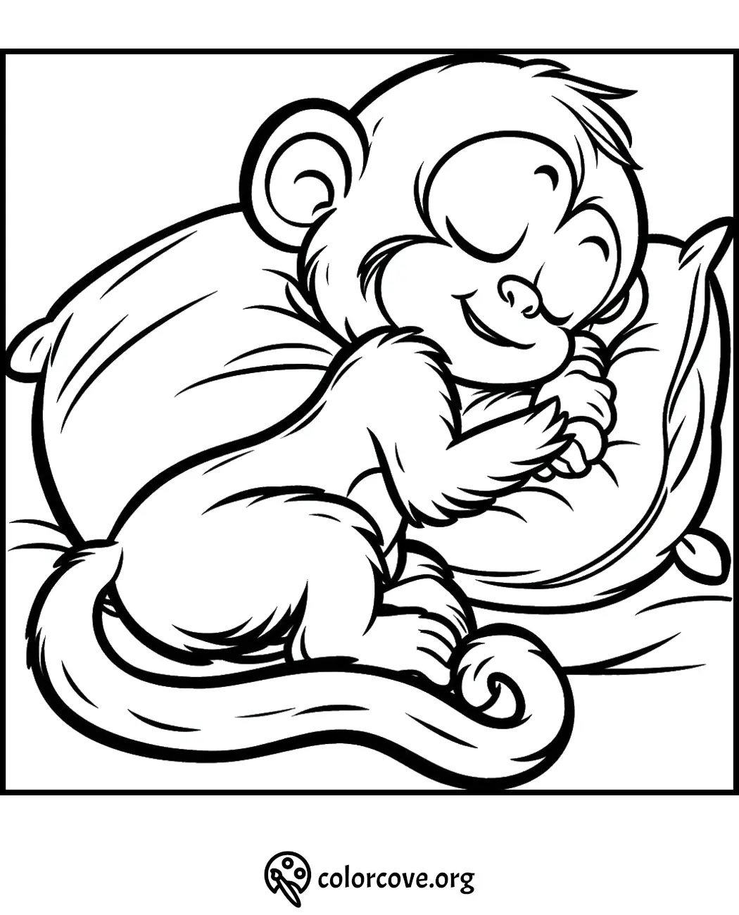 Cute monkey sleeping on pillow, coloring page for kids. Great printable activity for children.