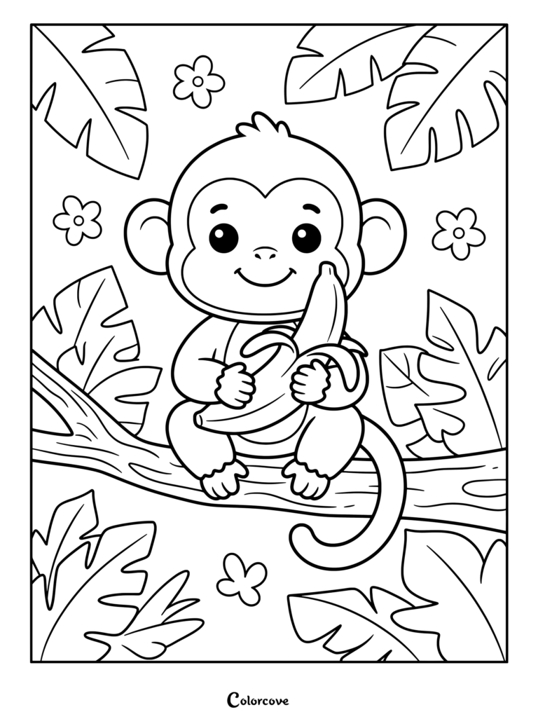 happy monkey sits on a branch eating a banana.