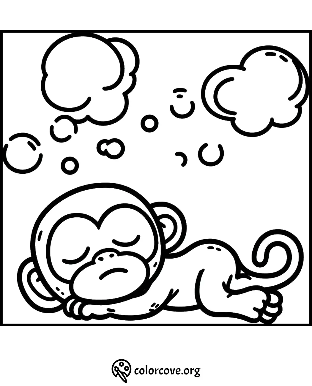 Cute sleeping monkey dreaming of clouds in a coloring page. Download this adorable coloring sheet for kids at colorcove.org.