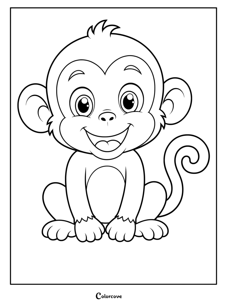 A cute cartoon monkey sitting and smiling in this printable coloring page.