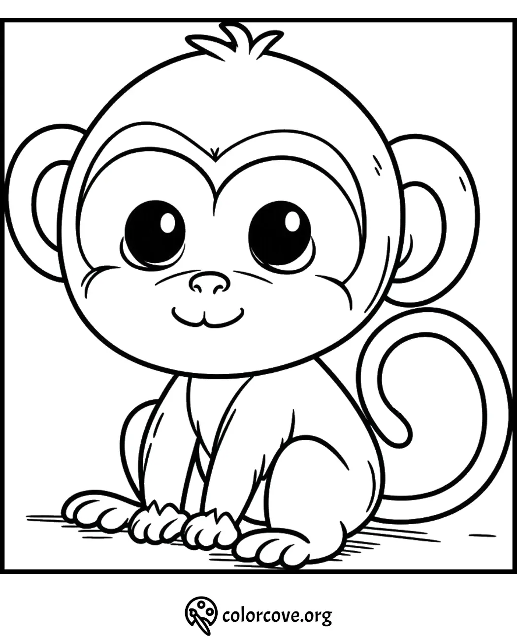 Cute monkey coloring page for kids featuring a big-eyed baby monkey sitting and smiling. Perfect for printable activities.