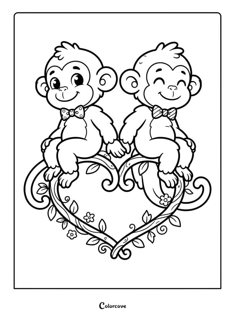 Two cute monkeys wearing bow ties sitting on a heart-shaped vine branch, coloring page.