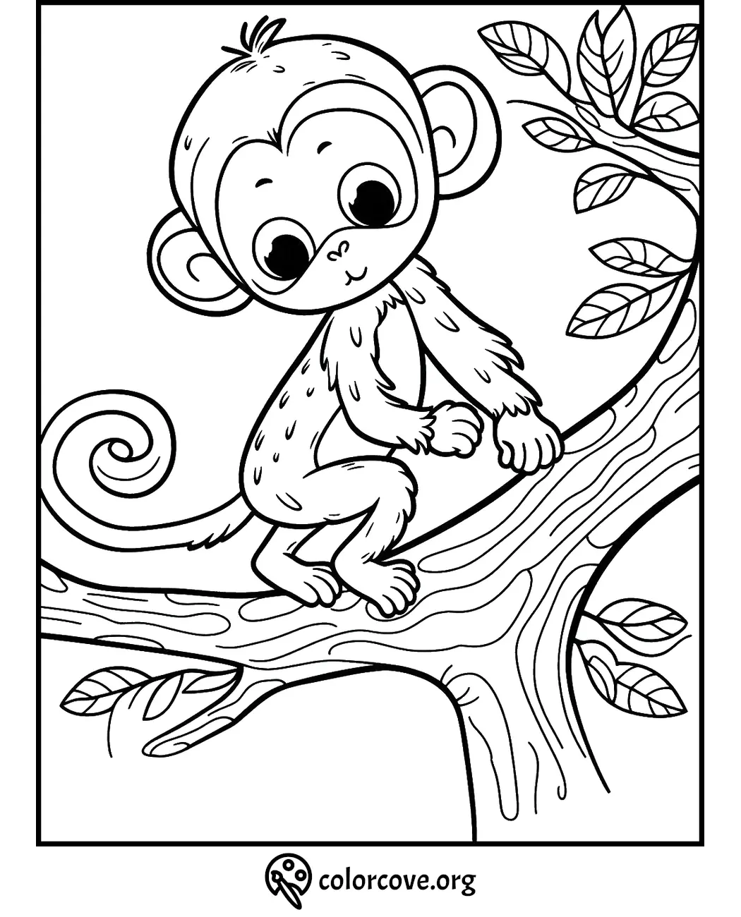 Cute monkey coloring page for kids to color and enjoy. Monkey on a tree branch with leaves. Printable fun!