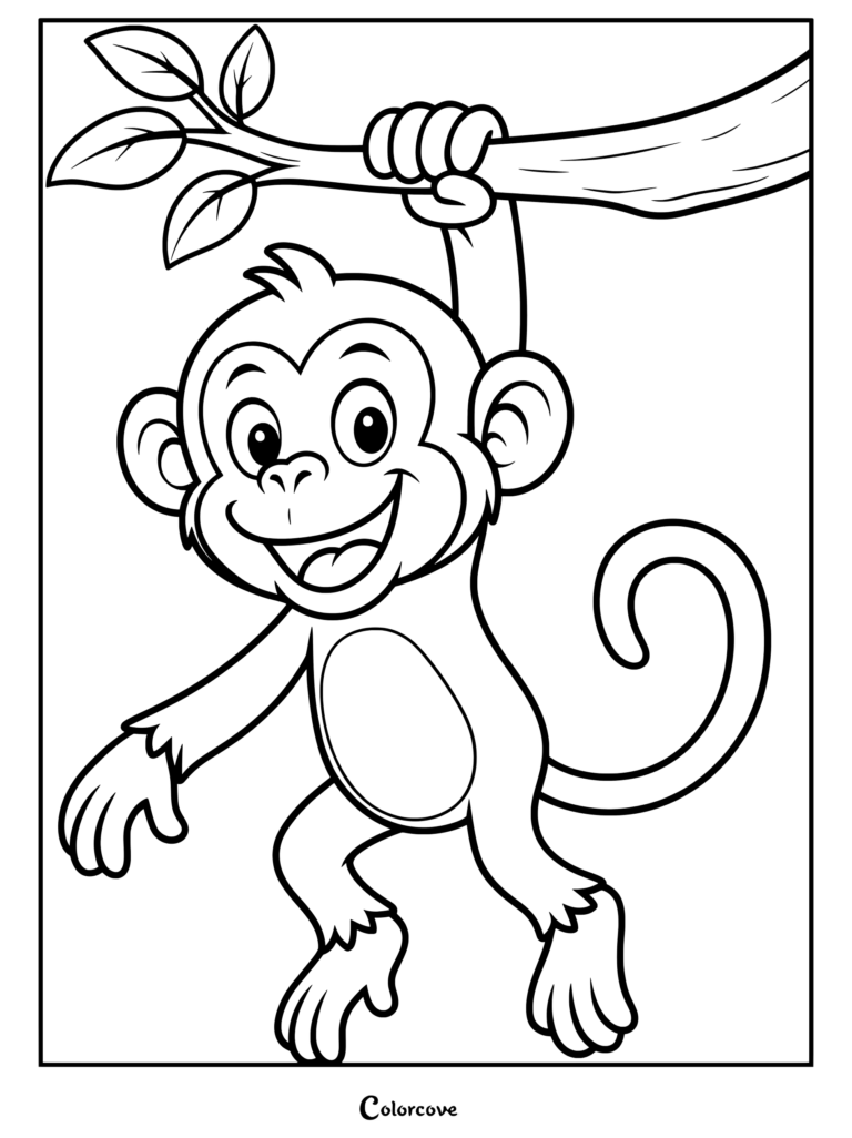 A cheerful monkey hanging by one hand from a leafy tree branch in this printable coloring page.