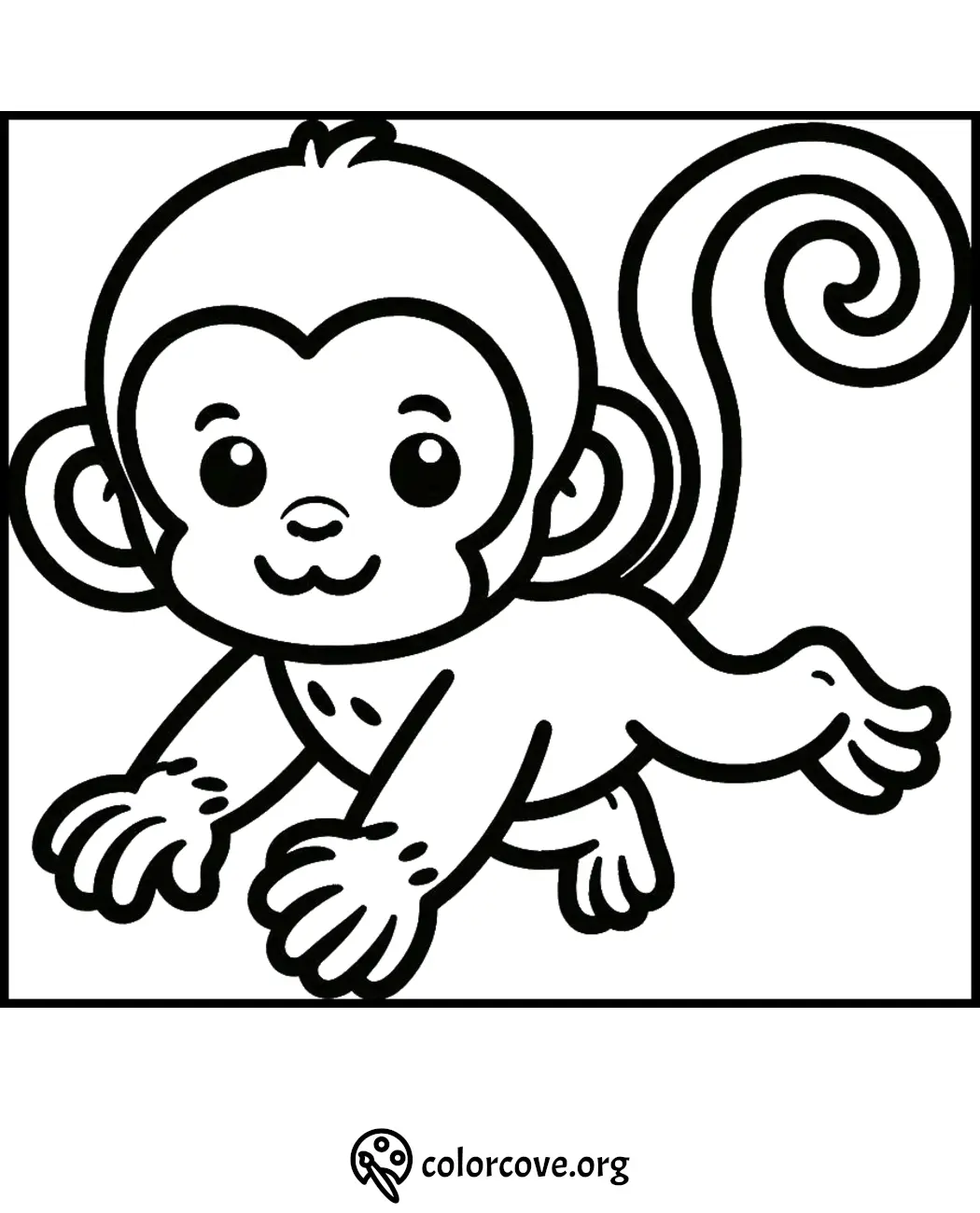 Cute monkey coloring page for kids to print and color. Fun, easy, free printable animal coloring sheet.