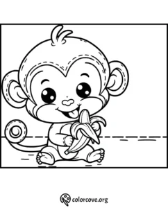 Cute monkey coloring page for kids, featuring a happy monkey eating a banana. Fun printable activity from ColorCove.org.