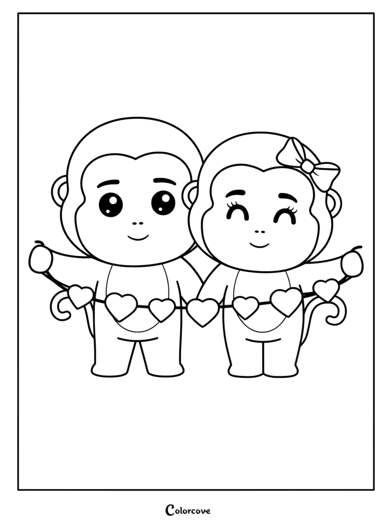 Two cute monkeys holding a heart garland together in this printable coloring page.