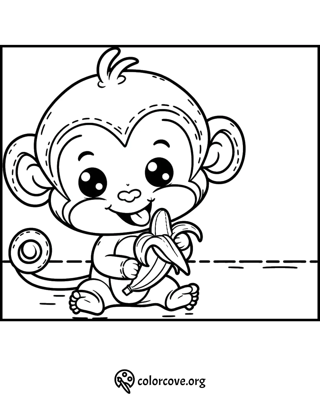 Cute monkey coloring page for kids, featuring a happy monkey eating a banana. Fun printable activity from ColorCove.org.