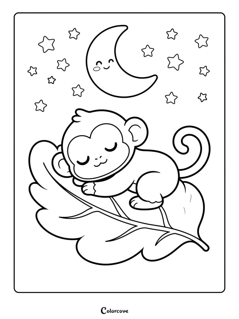 A cute baby monkey sleeping peacefully on a large leaf under a smiling crescent moon and stars in this printable coloring page.