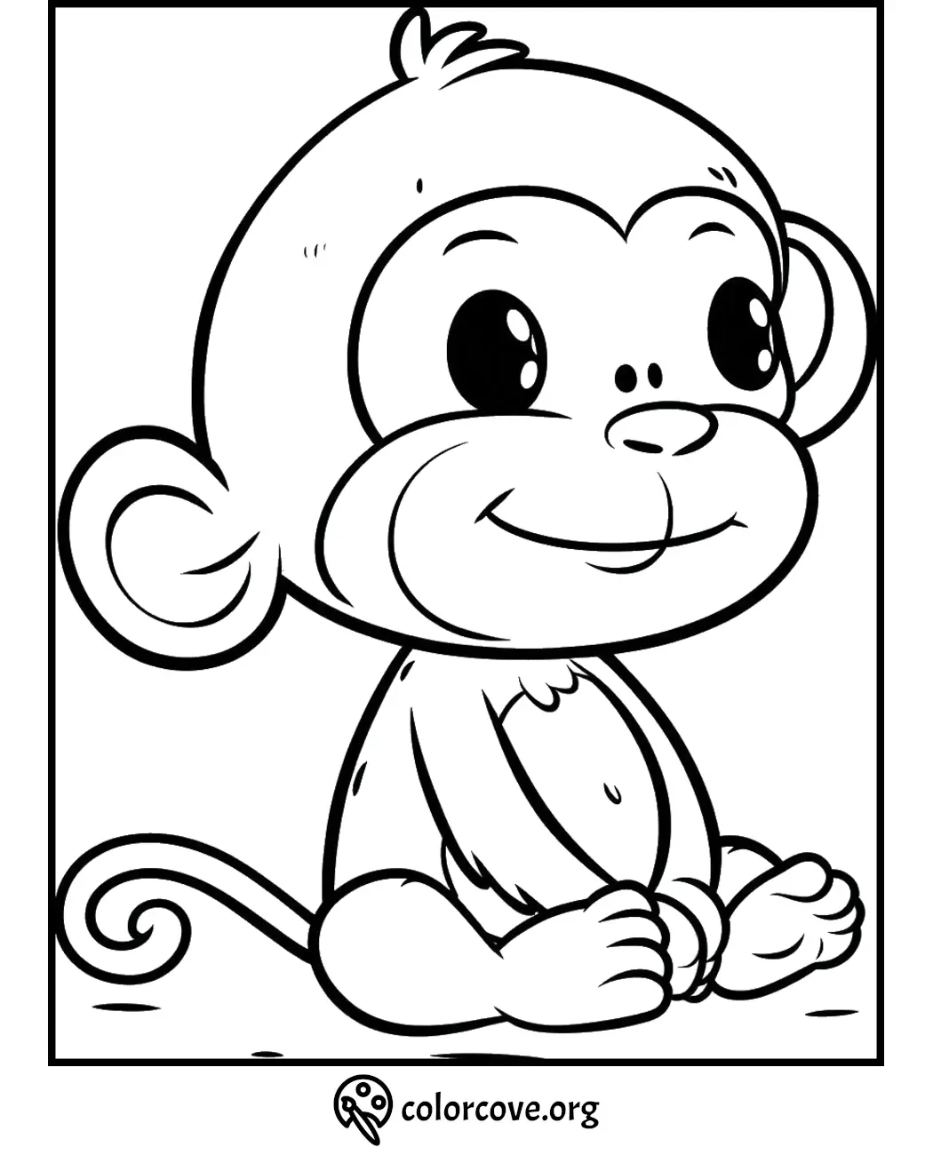 Cute baby monkey coloring page with big eyes and a smile, ready to be colored by kids. Visit colorcove.org for more.