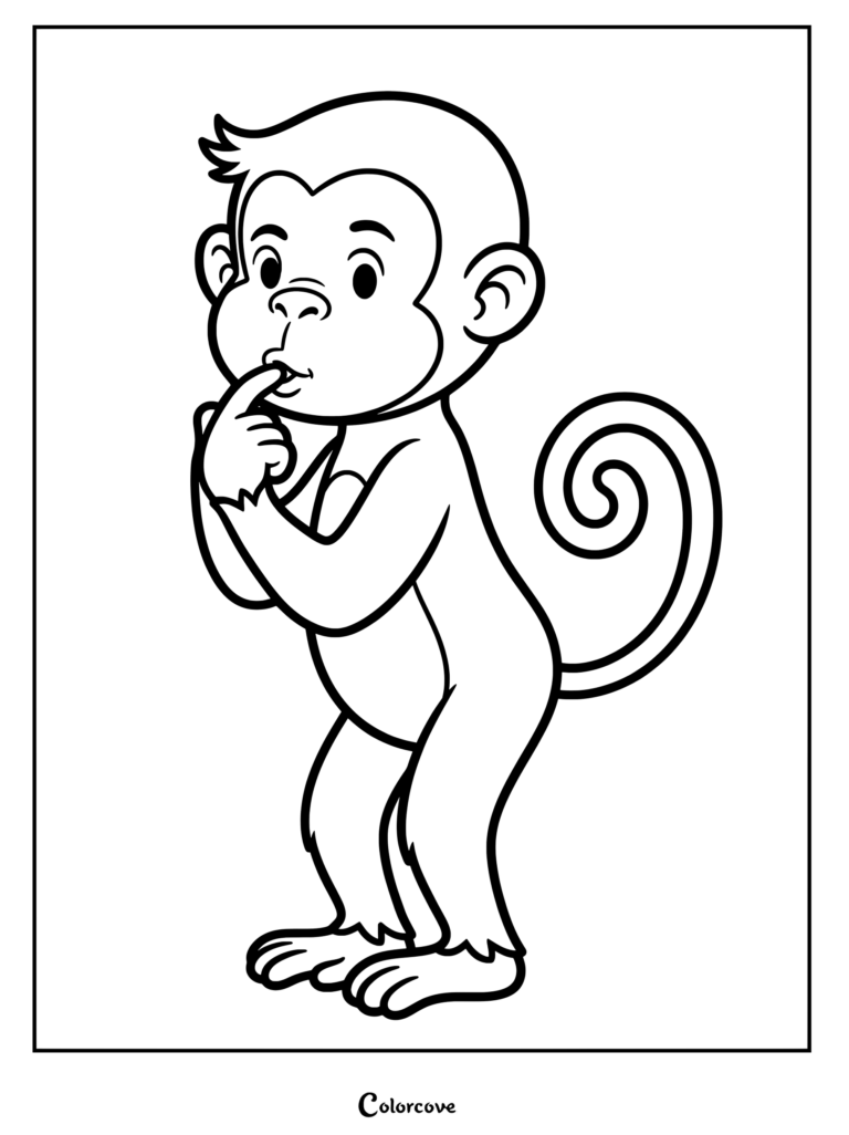 A cute cartoon monkey holding a finger to its lips in a shushing gesture, presented as a simple black and white coloring page.