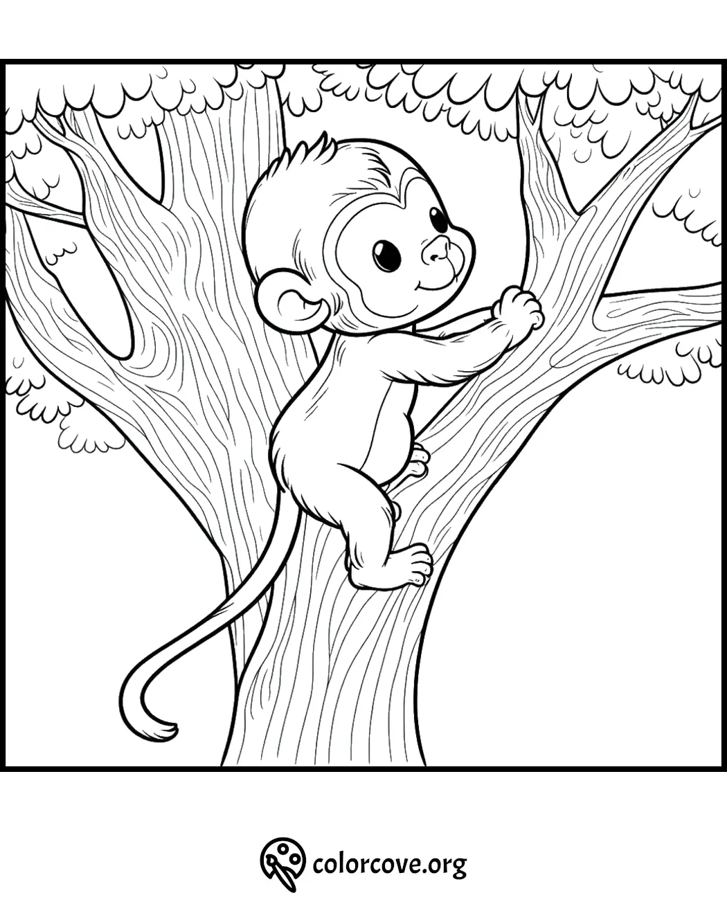 Adorable monkey climbing a tree - Coloring page from colorcove.org