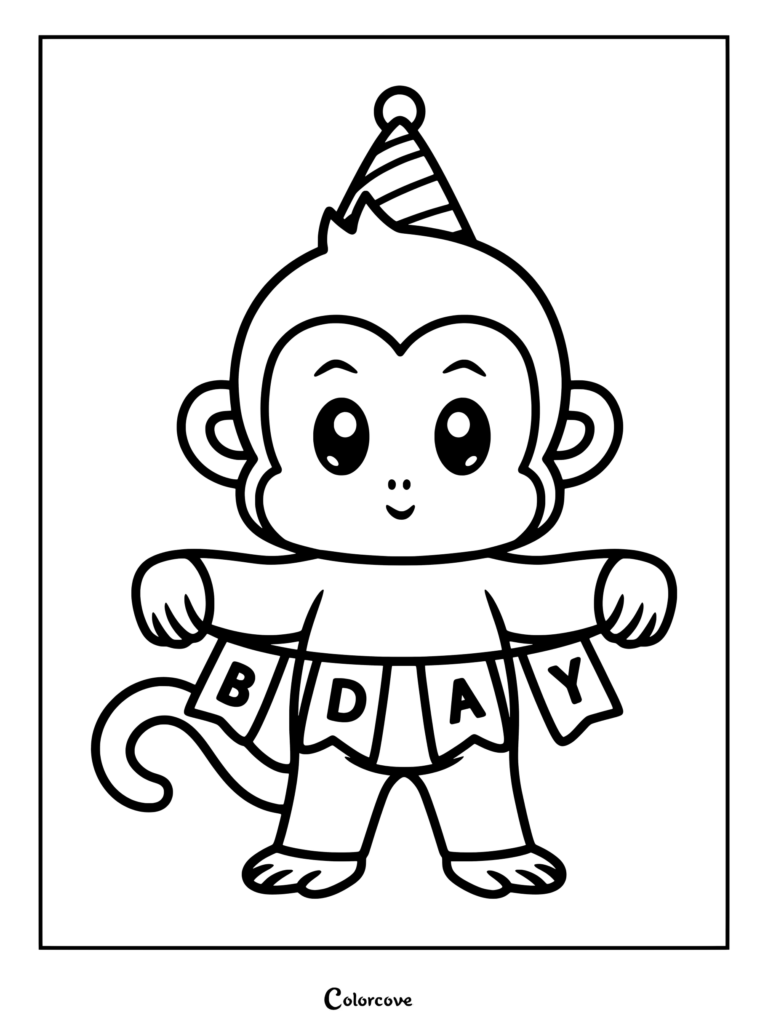 Cute monkey wearing a striped party hat holding a B-DAY banner in this printable coloring page.