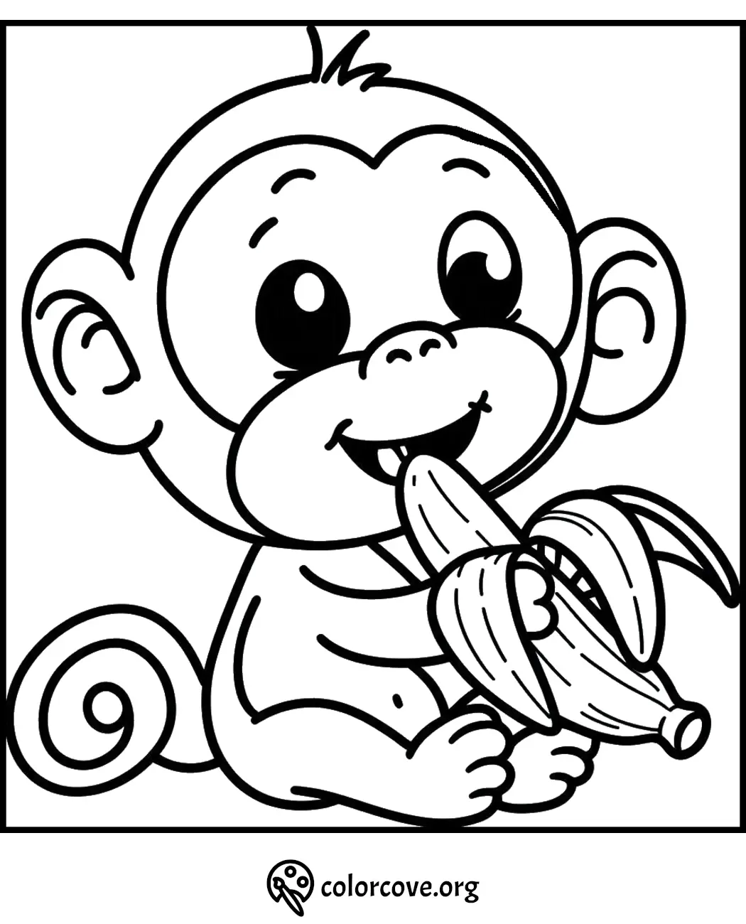 Cute monkey coloring page for kids: monkey eating a banana. Fun and free printable coloring sheet from colorcove.org.