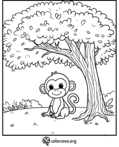 Monkey sitting under tree coloring page for kids. Printable cute monkey coloring sheet for children at colorcove.org.