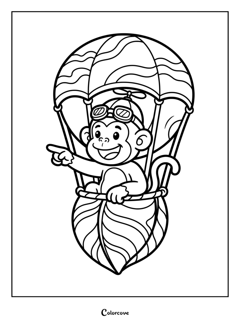 A happy monkey wearing aviator goggles and a propeller hat pointing forward while riding in a patterned hot air balloon coloring page.