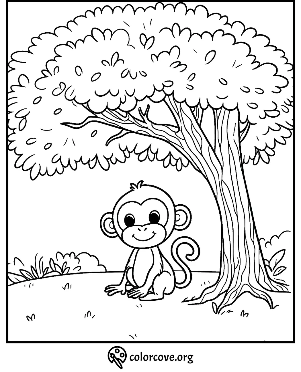 Monkey sitting under tree coloring page for kids. Printable cute monkey coloring sheet for children at colorcove.org.