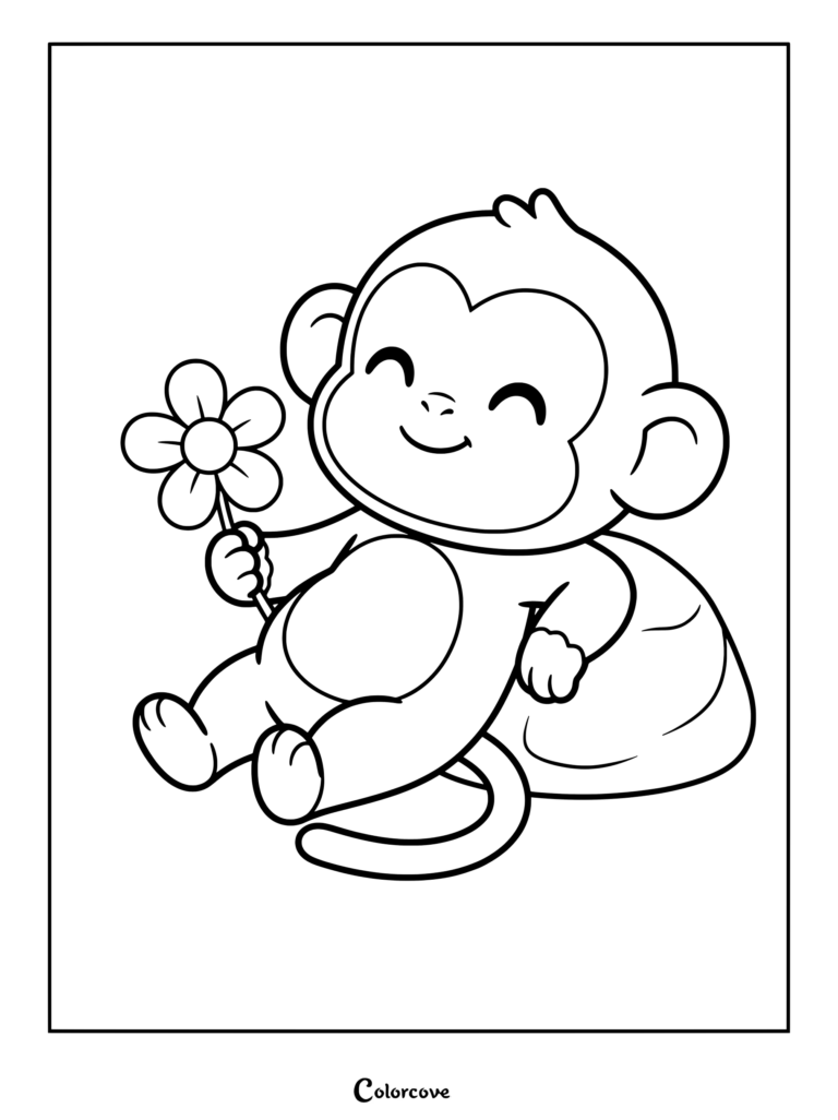 A happy cartoon monkey sitting against a rock and holding a small flower in this printable coloring page.