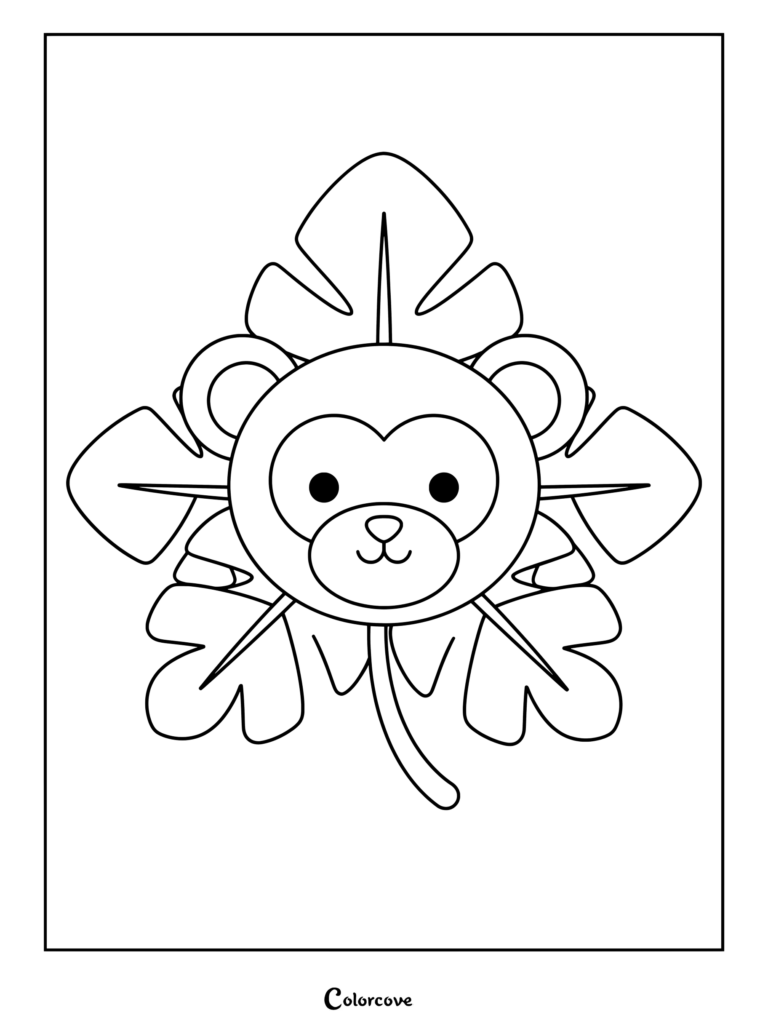 A simple line art coloring page featuring a cute monkey face framed by large tropical jungle leaves.