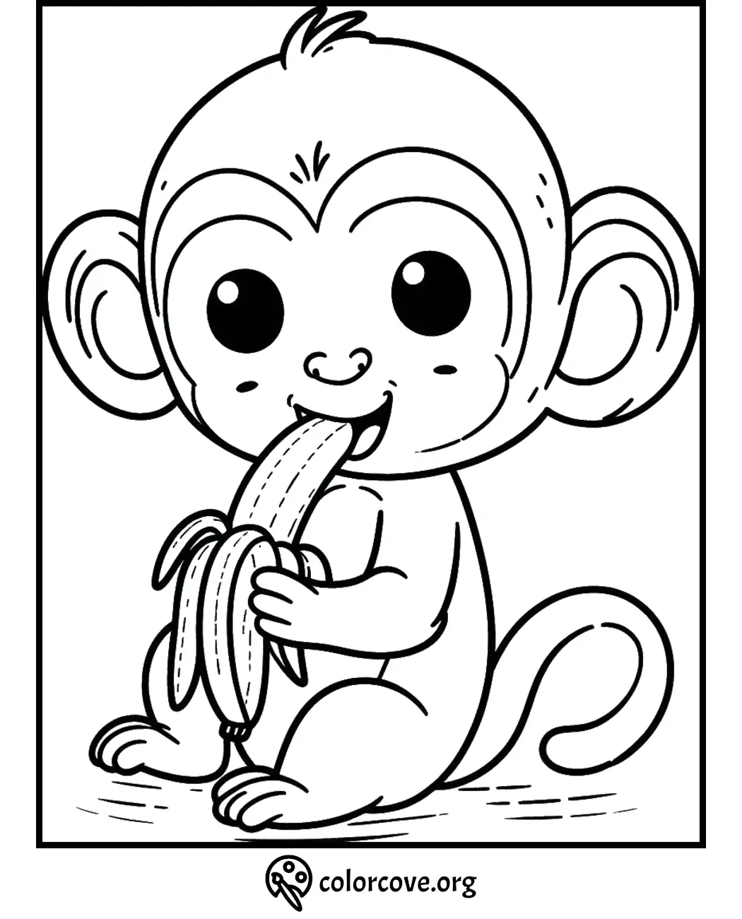 Cute monkey coloring page: Adorable monkey eating a banana. Perfect fun activity for kids. ColorCove.org.