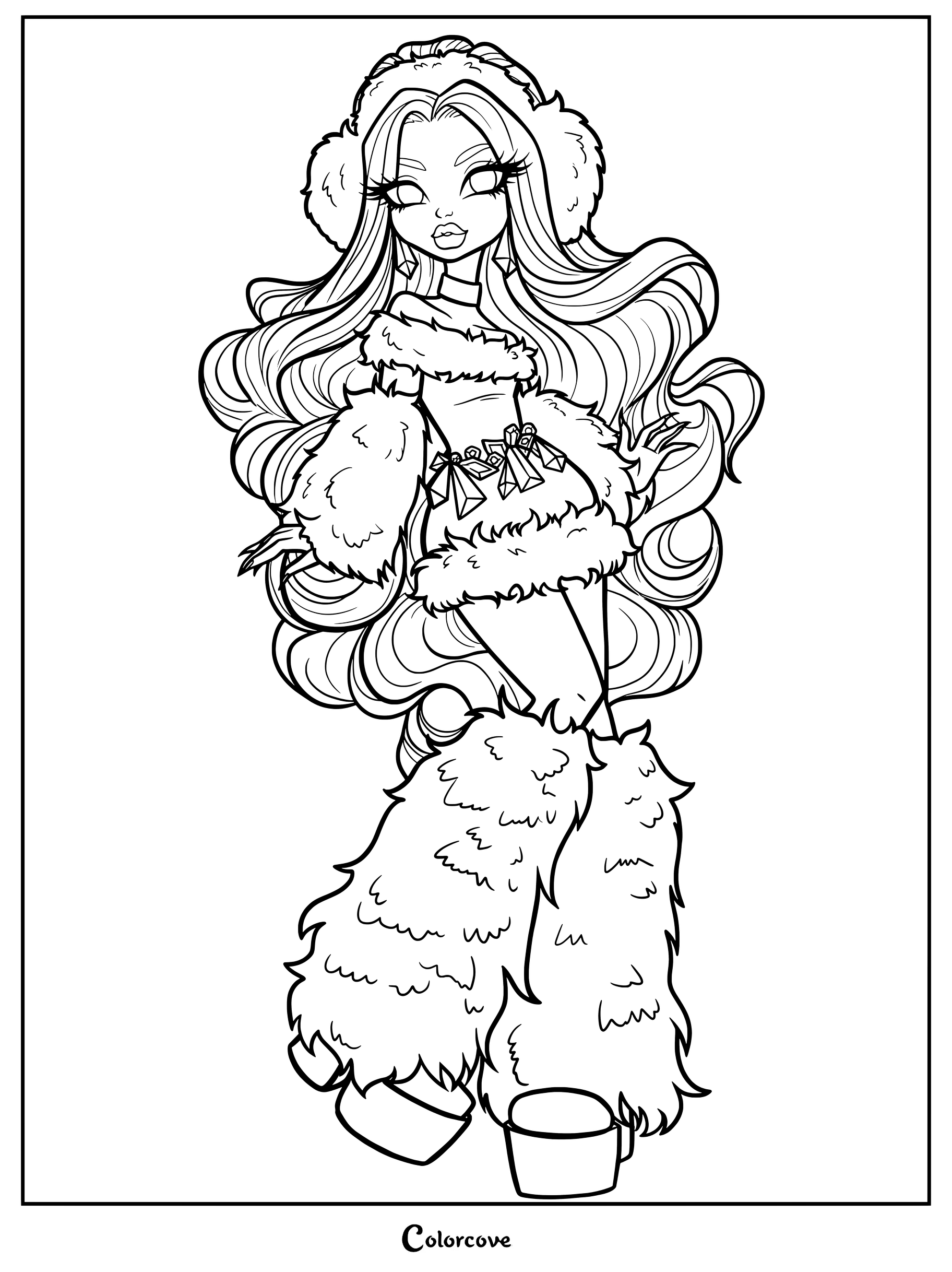 Página para colorear de Abbey Bominable de Monster High vistiendo un atuendo invernal afelpado.