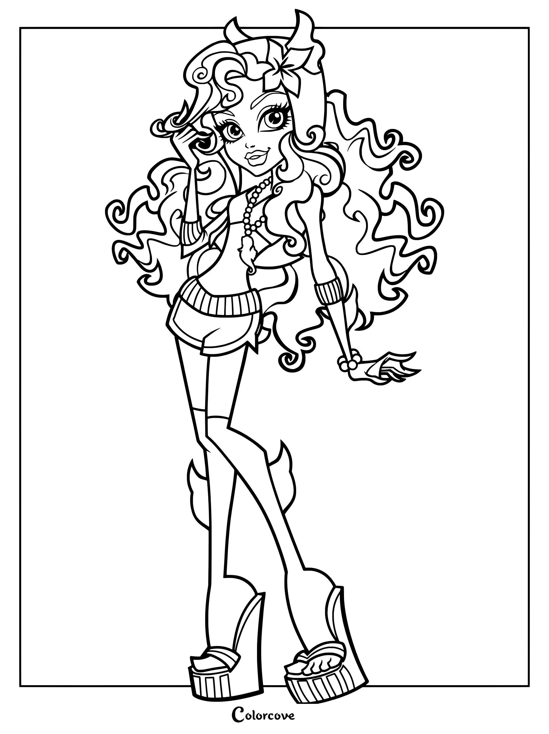 Dibujo para colorear de Lagoona Blue de Monster High con cabello ondulado y sandalias de plataforma.