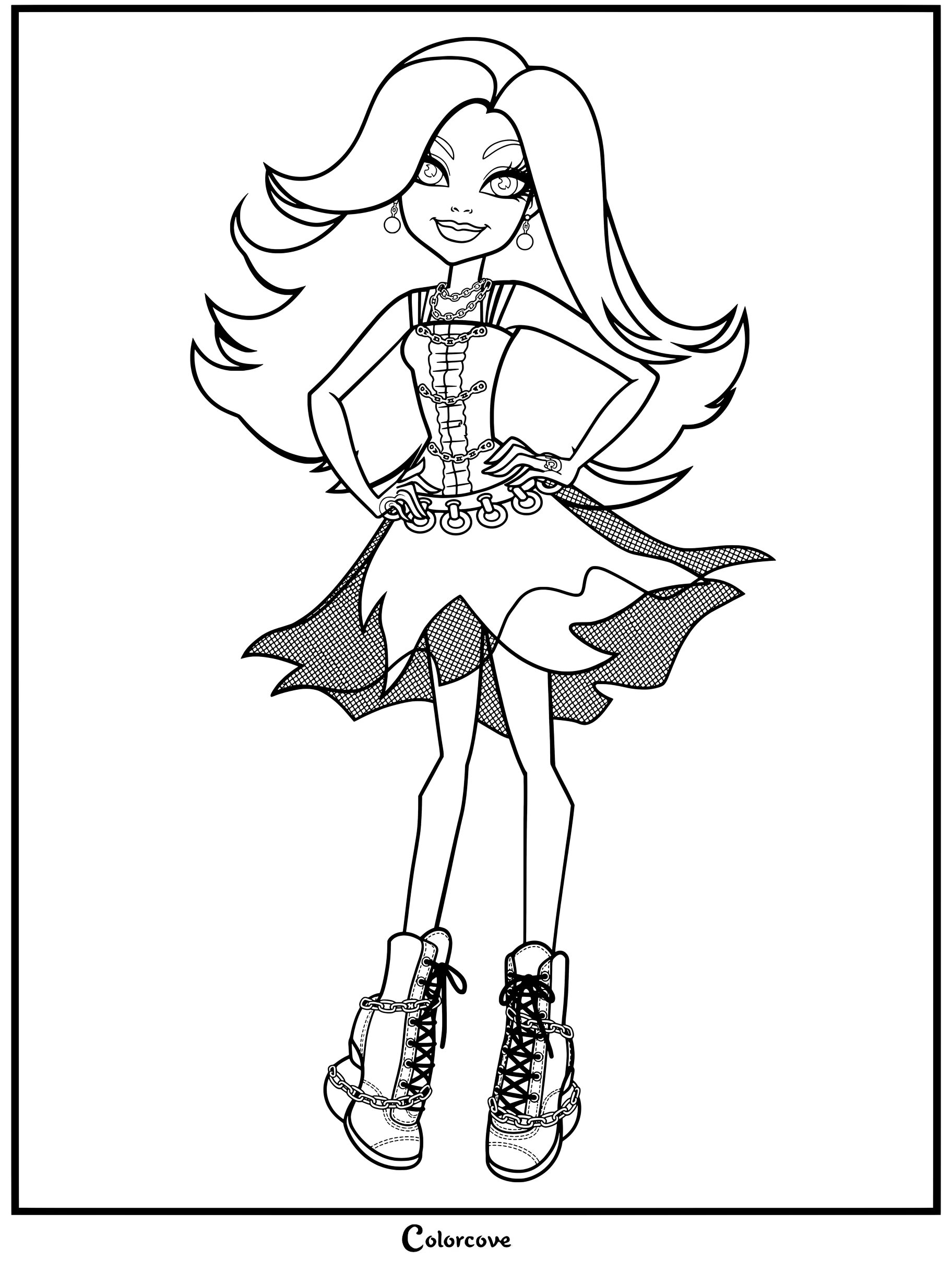Página para colorear de Spectra Vondergeist de Monster High con largo cabello fluido y botas con cadenas.