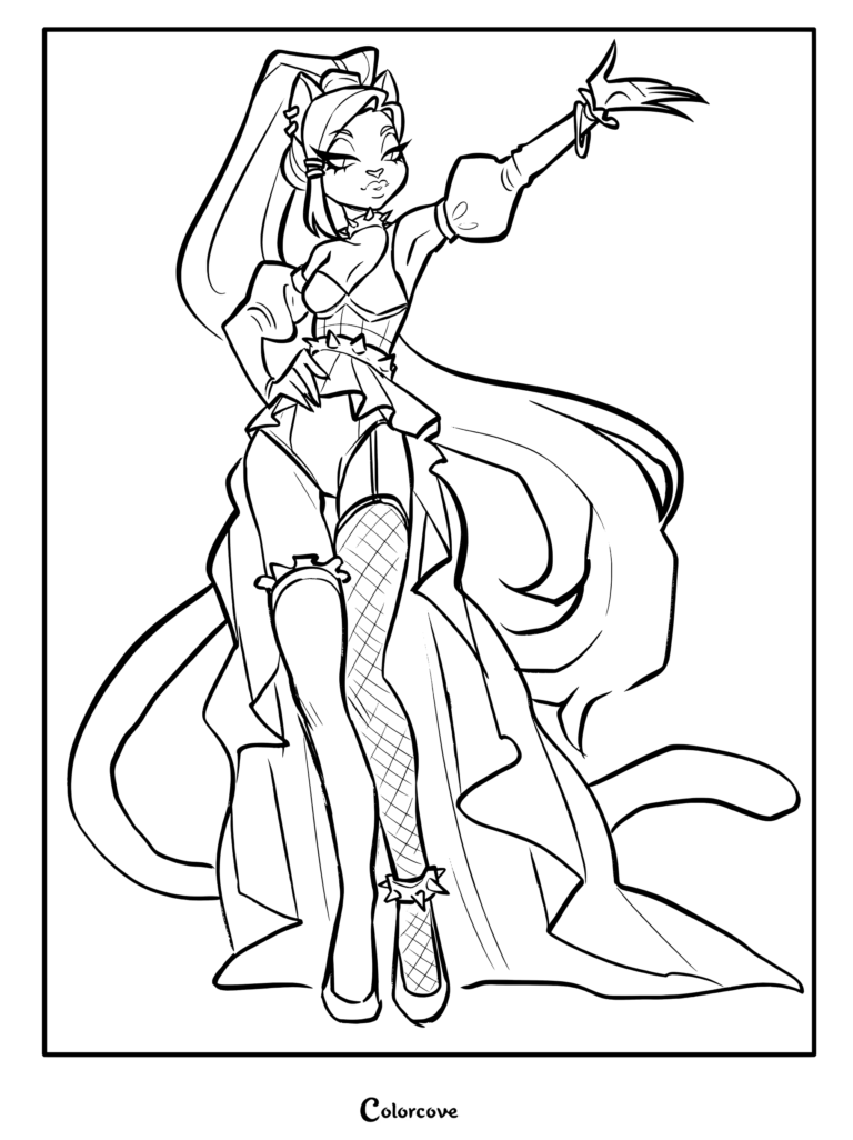 Coloriage fanart numérique de Catty Noir de Monster High prenant la pose comme une star de la pop.