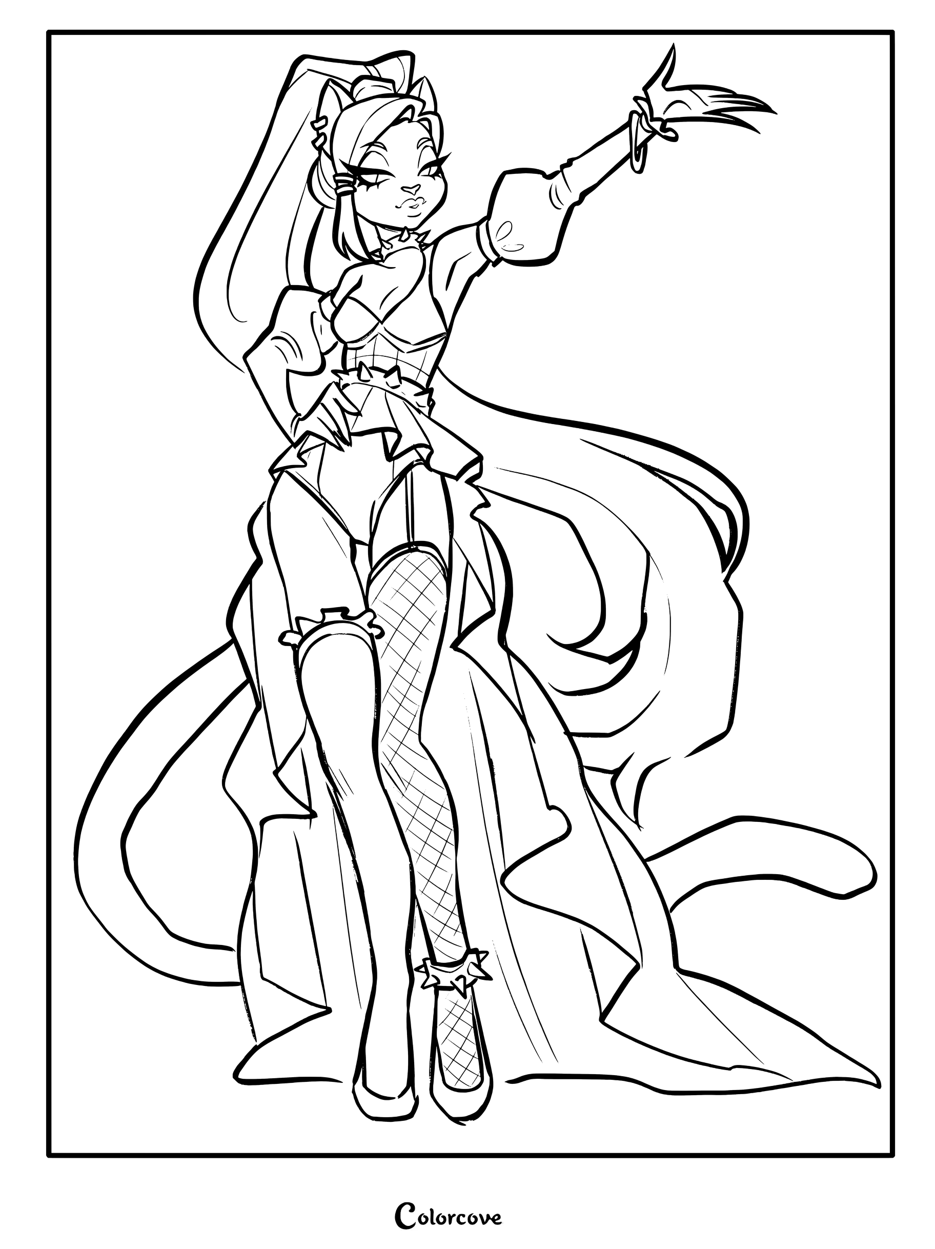 Dibujo para colorear digital de fan art de Catty Noir de Monster High posando como una estrella del pop.