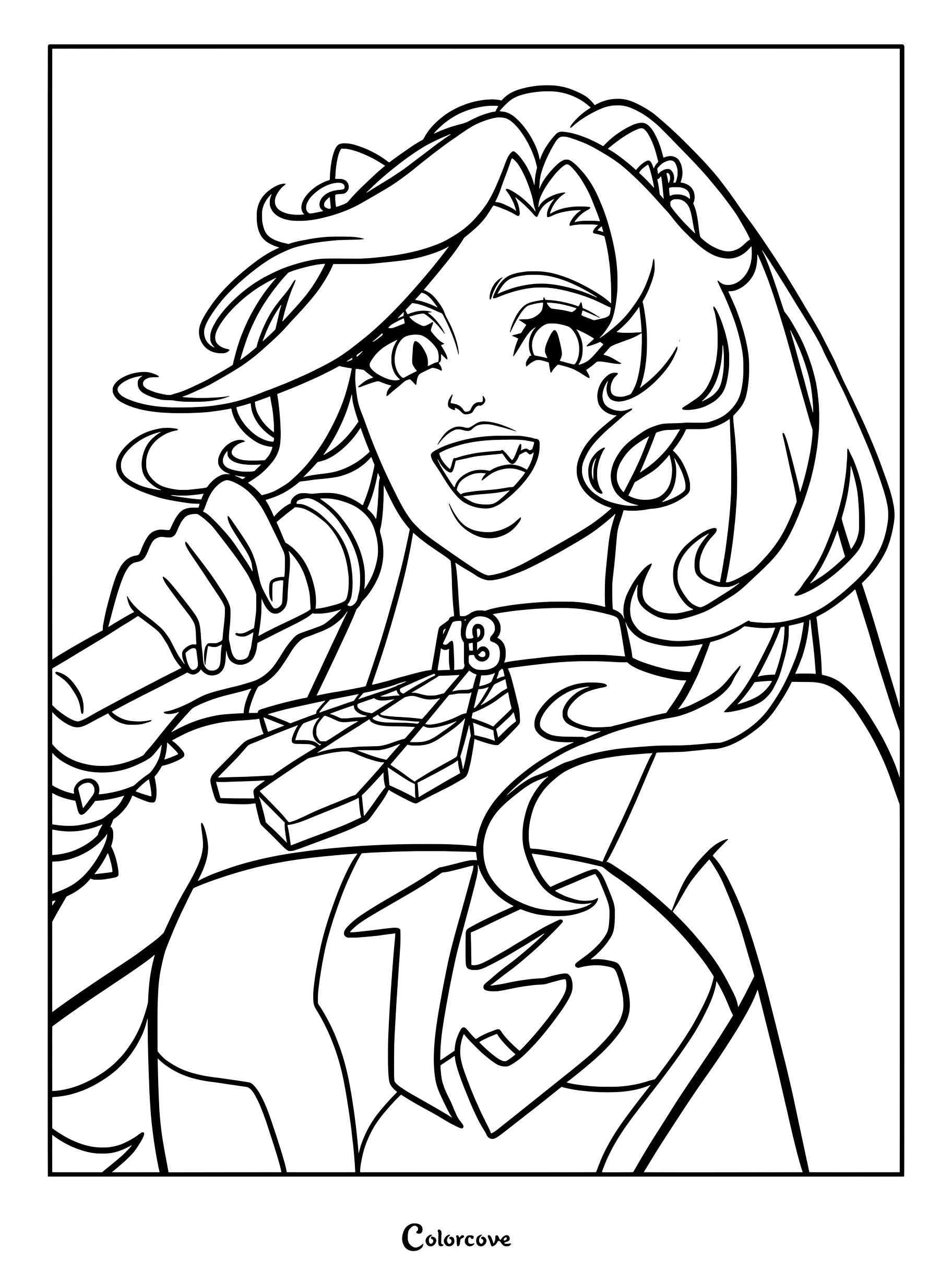 Página para colorear digital de fan art de Catty Noir sosteniendo un micrófono, de Monster High.