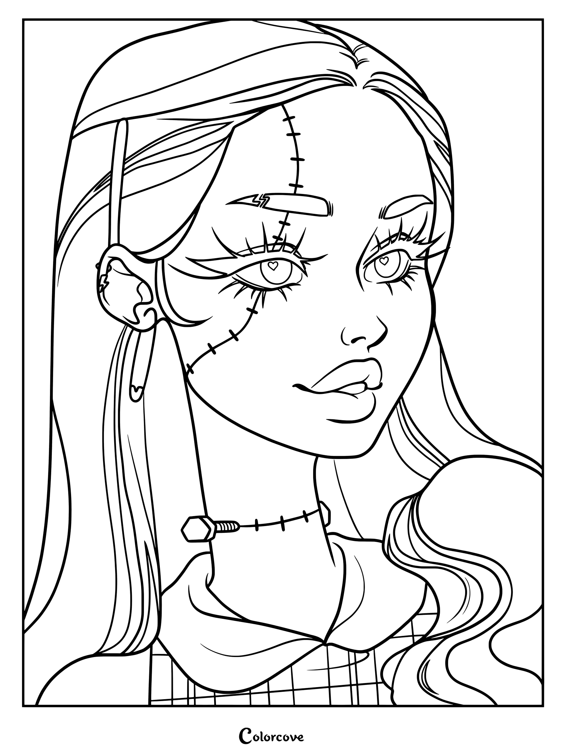 Página para colorear digital de fan art de Frankie Stein de la franquicia Monster High con puntadas faciales y collar de tuercas.