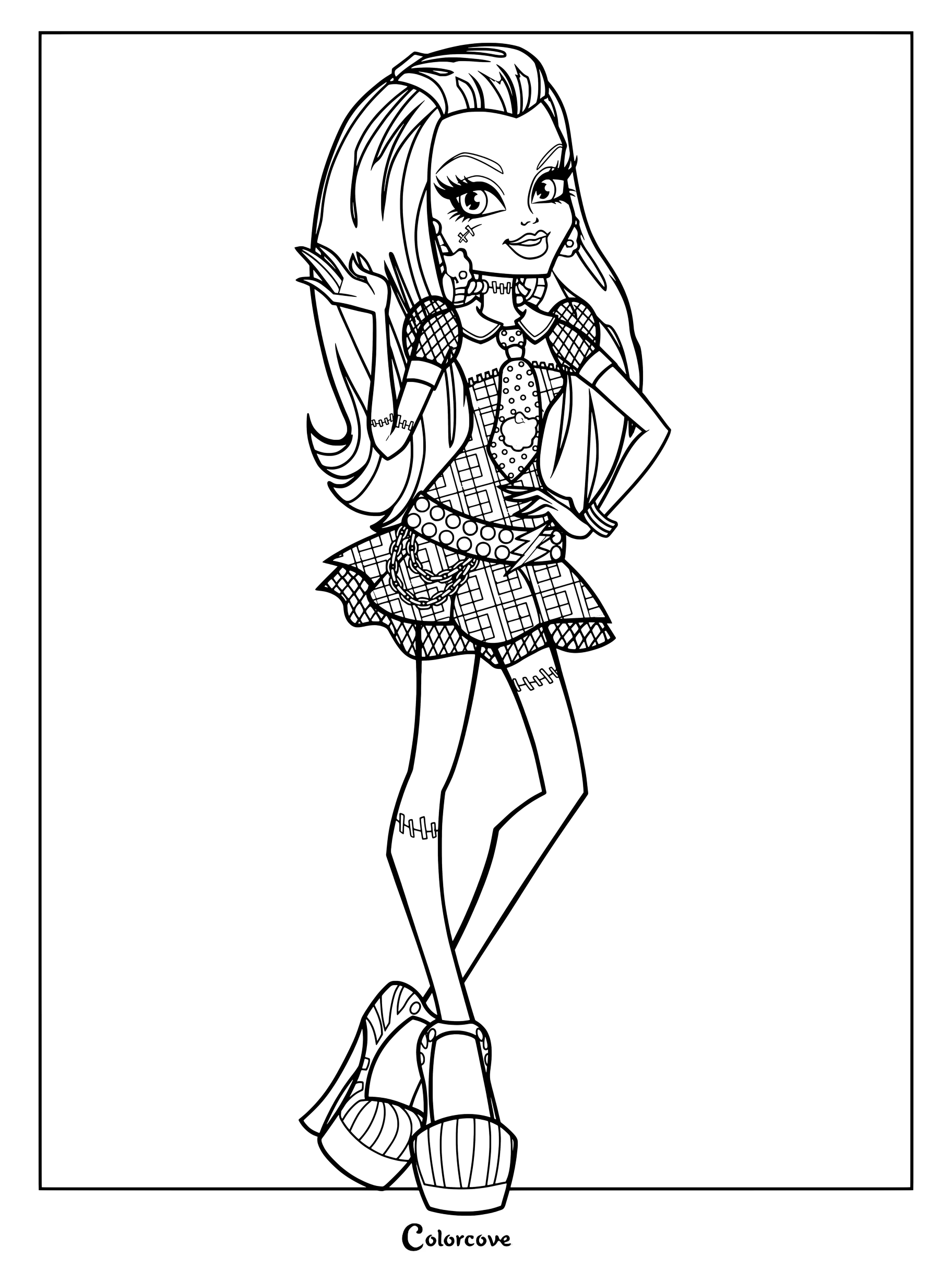 Dibujo para colorear de Monster High con una ilustración digital de fan art de Frankie Stein posando con un conjunto elegante.