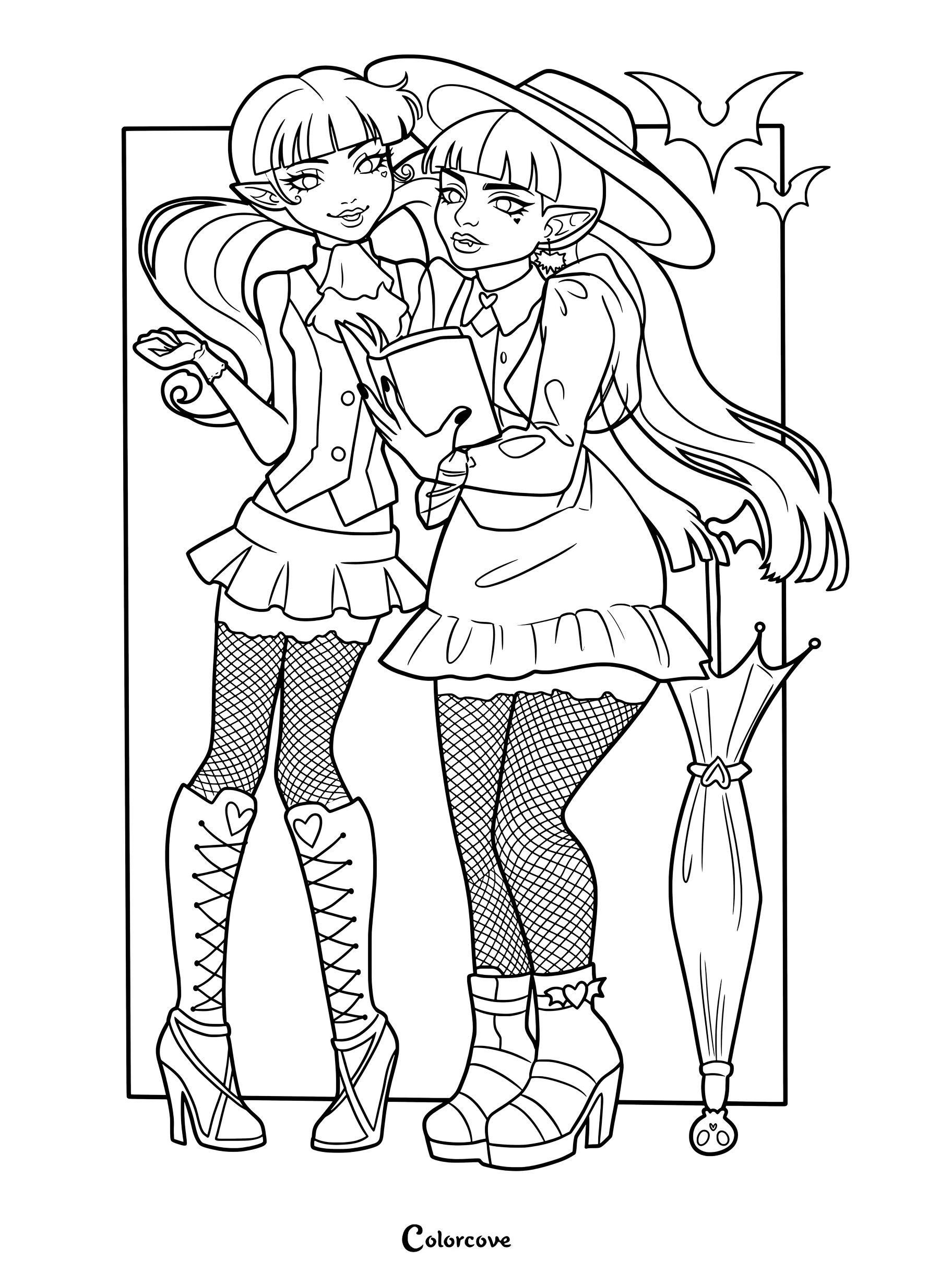 Página para colorear de Monster High con fan art de Draculaura junto a una compañera estilizada de aspecto humano leyendo un libro.