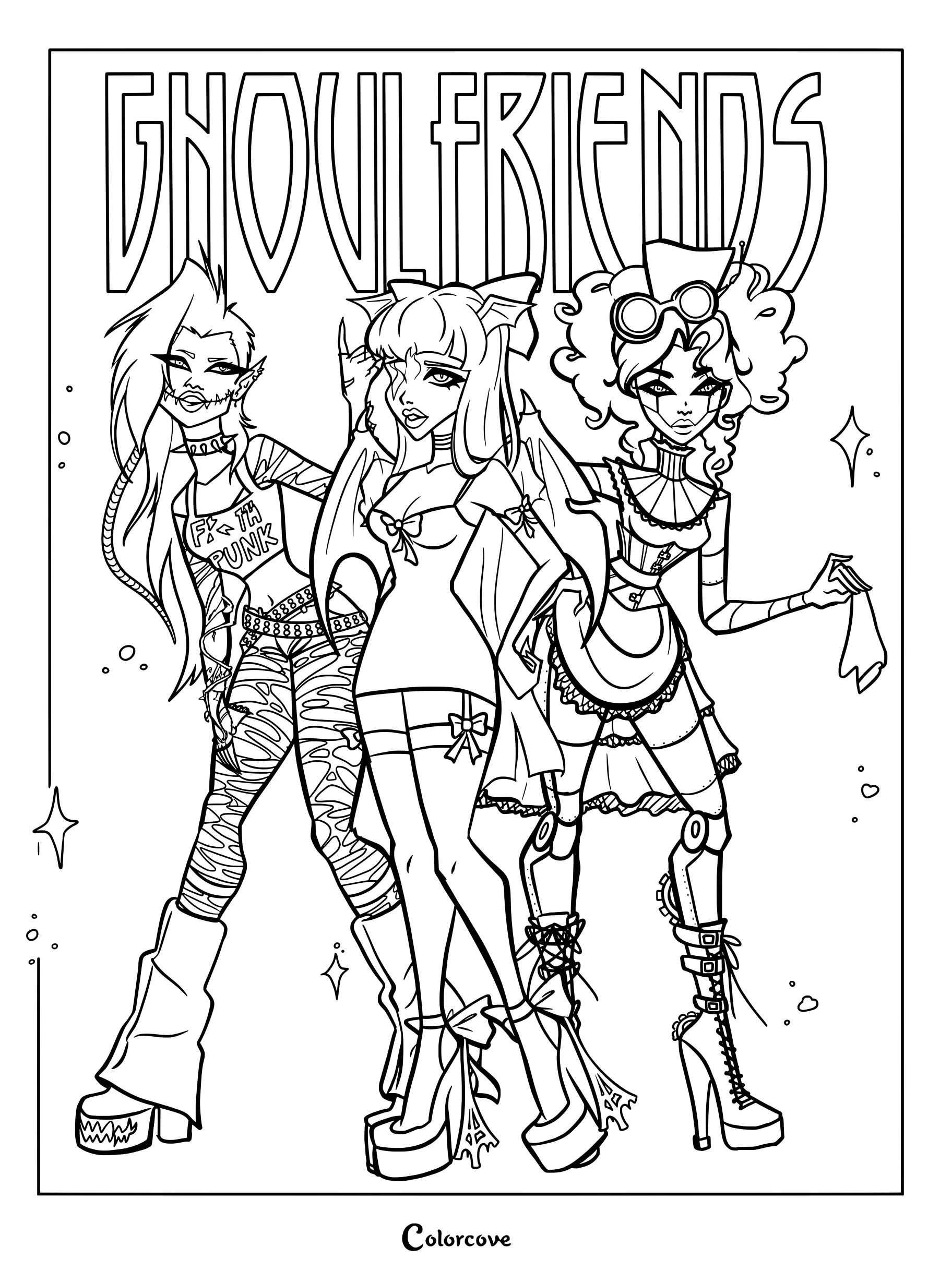 Página para colorear de Monster High con fan art de Venus McFlytrap, Rochelle Goyle y Robecca Steam juntas bajo una pancarta de Monstruoamigas.